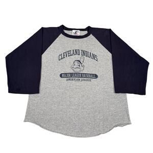 Vintage 2000 Cleveland Indians Chief Wahoo MLB Raglan Baseball Gray Navy Tee L